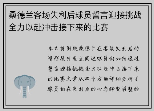 桑德兰客场失利后球员誓言迎接挑战全力以赴冲击接下来的比赛