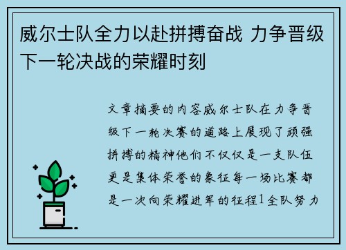 威尔士队全力以赴拼搏奋战 力争晋级下一轮决战的荣耀时刻