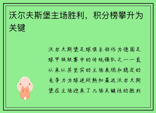 沃尔夫斯堡主场胜利，积分榜攀升为关键