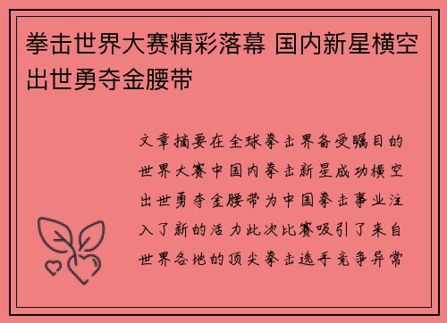 拳击世界大赛精彩落幕 国内新星横空出世勇夺金腰带