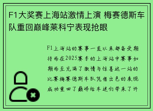 F1大奖赛上海站激情上演 梅赛德斯车队重回巅峰莱科宁表现抢眼