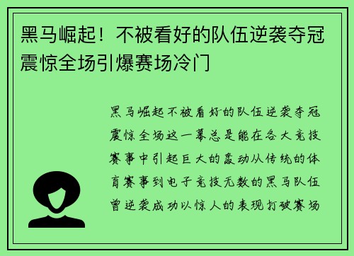 黑马崛起！不被看好的队伍逆袭夺冠震惊全场引爆赛场冷门